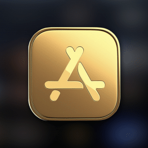 A gold app icon featuring a stylized "A" made of three overlapping sticks against a dark, blurred background. The icon has smooth, rounded edges and a glossy finish, reminiscent of Apple's premium designs.