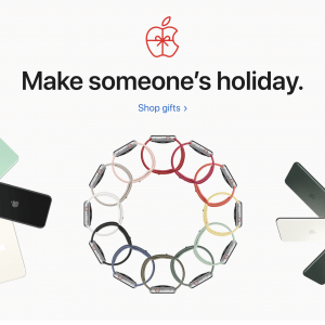 Image showing a holiday gift advertisement from Apple’s Black Friday shopping event. The ad includes three circular arrangements: the left with colorful iPhones, the center with Apple Watch straps, and the right with various iPhone models. Text at the top reads, "Make someone's holiday. Shop gifts this weekend.