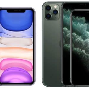 The image shows two iPhones side by side. On the left is a white iPhone 11 with a colorful wallpaper featuring blue, white, and pink hues. On the right is a green iPhone 11 Pro and another green iPhone 11 Pro Max with a dark, textured wallpaper that has Apple fans raving about the new iPhone lineup.