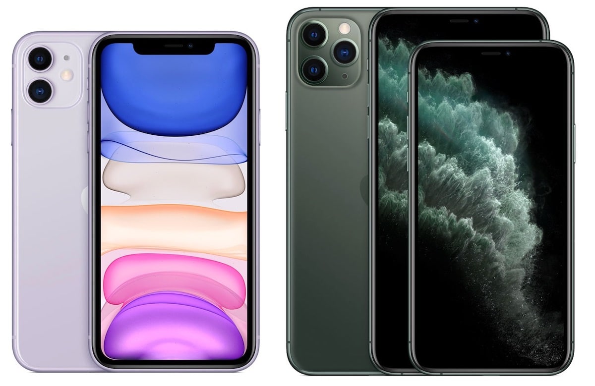 The image shows two iPhones side by side. On the left is a white iPhone 11 with a colorful wallpaper featuring blue, white, and pink hues. On the right is a green iPhone 11 Pro and another green iPhone 11 Pro Max with a dark, textured wallpaper that has Apple fans raving about the new iPhone lineup.