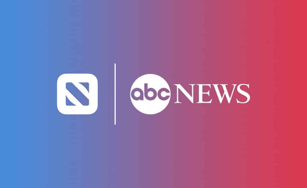 The image displays a gradient background transitioning from blue on the left to red on the right. Two logos are centered: a stylized 'S' in a square on the left, separated by a vertical line, and the 'ABC News' logo on the right, highlighting their 2020 Election coverage.