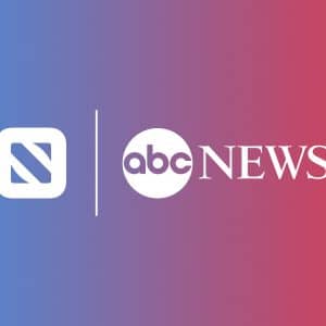 The image displays a gradient background transitioning from blue on the left to red on the right. Two logos are centered: a stylized 'S' in a square on the left, separated by a vertical line, and the 'ABC News' logo on the right, highlighting their 2020 Election coverage.