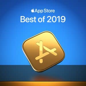 A golden Apple App Store icon floats against a blue background with the text "App Store Best of 2019" displayed above it. The icon is slightly tilted and appears to be resting on an abstract reflective surface, celebrating the year's top apps and games.