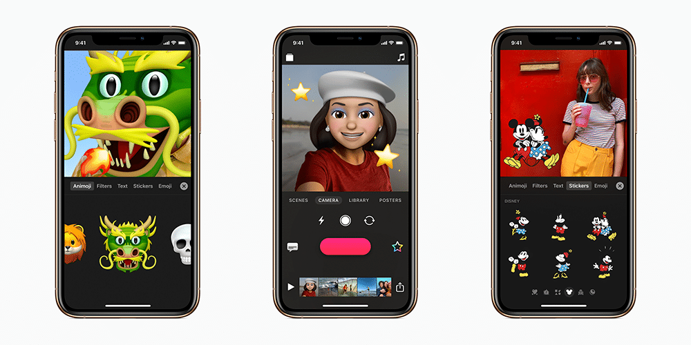 Three smartphones display different images and editing tools on their screens. The left phone shows a dragon emoji; the middle phone features a cartoon Memoji with star effects; the right phone displays a photo of a person drinking from a straw, surrounded by animated stickers.