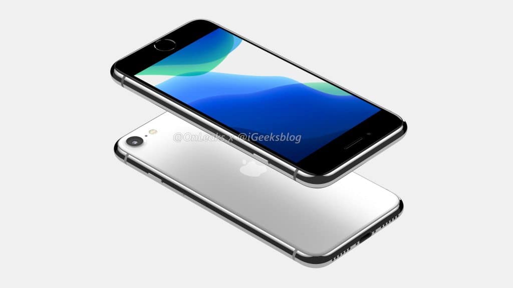 A digital rendering of a sleek, silver iPhone 9, showing both the front and back. The front displays a screen with blue and green abstract wallpaper, a home button at the bottom, while the back features a camera and an Apple logo in the center. This low-cost device exemplifies elegance and functionality.