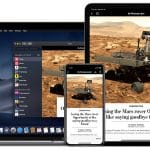 A laptop, smartphone, and tablet display an article with the headline "Losing the Mars rover Opportunity is like saying goodbye to a friend" and an image of the Mars rover Opportunity on a Martian landscape. The devices show different views of the same article across iOS platforms.