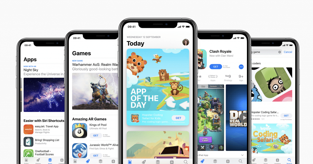 Five smartphones are displaying various screens from an App Store. The apps showcased include subscription apps featuring games, daily picks, and coding platforms for children. Prominent apps include "Warhammer AoS," "Clash Royale," and "Hopster Coding Safari," part of a $3.6 billion market.