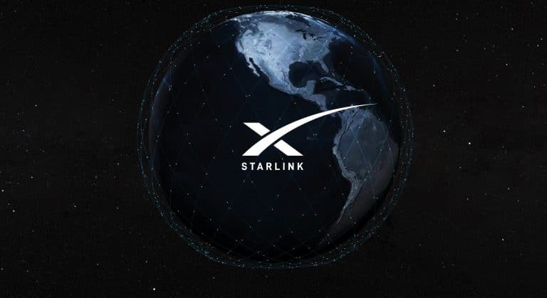 Image of Earth from space with the Americas prominently displayed. An overlay shows a network of connected lines around the planet, highlighting IoT connectivity. The logo for Starlink, featuring a stylized "X" and the word "Starlink," is centered on the image. The backdrop is a starry sky.