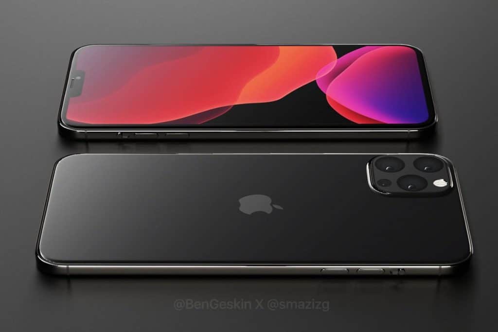 A sleek black iPhone 12 is shown from two angles: one lying face up, displaying a vibrant, colorful screen, and the other face down, revealing a shiny back with the Apple logo and a triple-camera setup. The phone has a metallic frame and a slim design, showcasing innovation despite production delays.