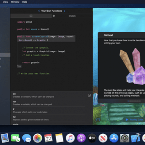 A screenshot of a programming interface, likely Swift Playgrounds, on a Mac desktop. The screen shows code on the left and a hint or guide on the right with an illustration of three crystals. Various Apple apps are visible in the dock at the bottom of the screen.