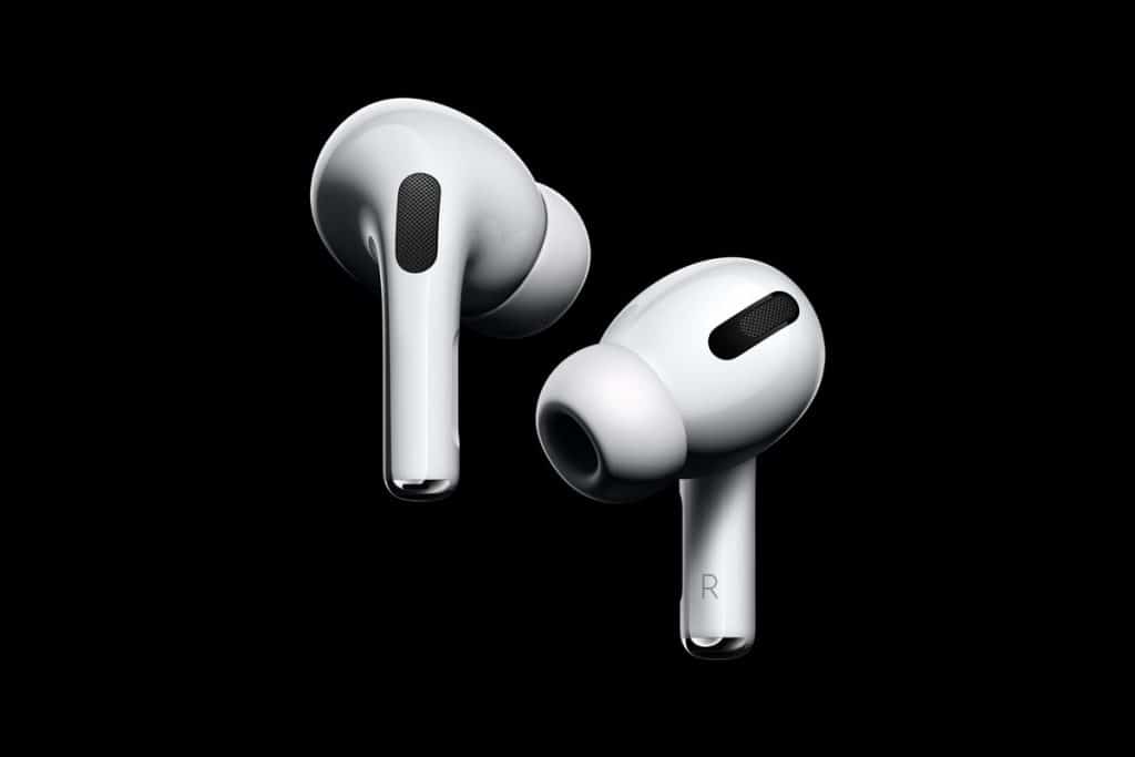 A pair of white Apple AirPods Pro Lite with black accents, shown against a black background. Each earbud has a short stem and a silicone ear tip. The right earbud is marked with an "R" while the left one is marked with an "L.