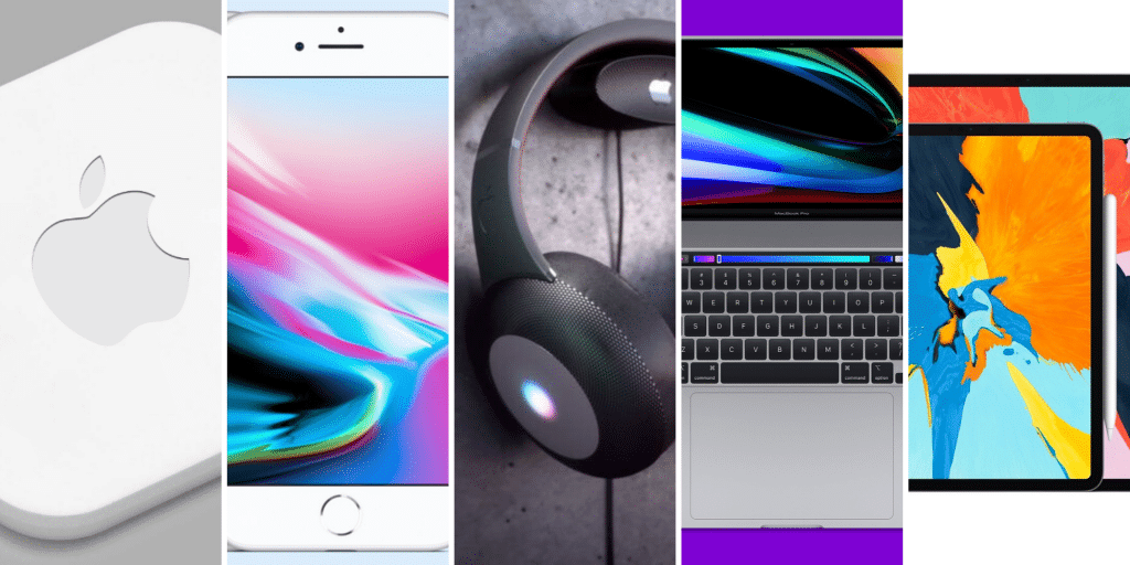 A collage of five Apple products including: an Apple TV device, a white iPhone with a colorful pink and blue screen, a pair of black headphones, a MacBook laptop with an open screen showing vibrant colors, and an iPad with a colorful abstract background. These new releases for March are simply stunning.