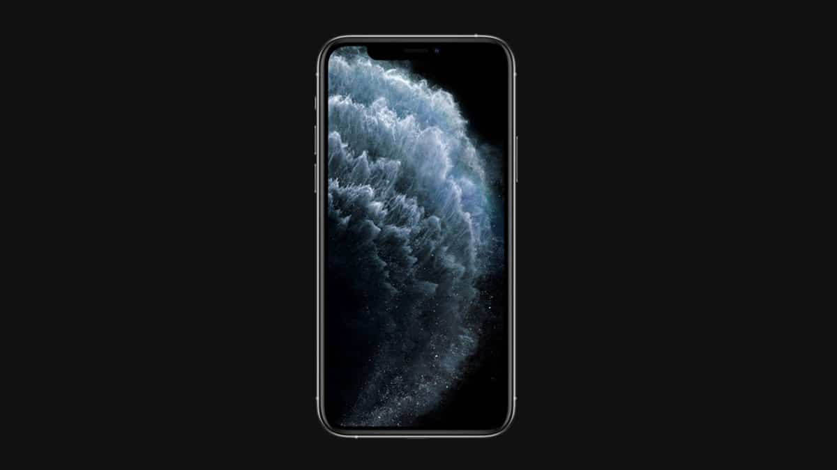 A sleek Apple smartphone is set against a black background. The screen showcases an intricate image of a wave in dark blue and white, resembling a turbulent sea or cloud formation, hinting at the power of iOS and Internet Recovery capabilities.