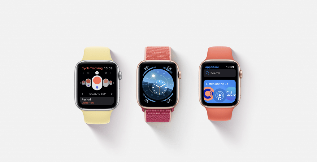 An image showcases three Apple smartwatches with different strap colors—yellow, pink, and orange—against a white background. Running on watchOS 6.2, their screens display various apps: cycle tracking, world time, and app store with in-app purchases.