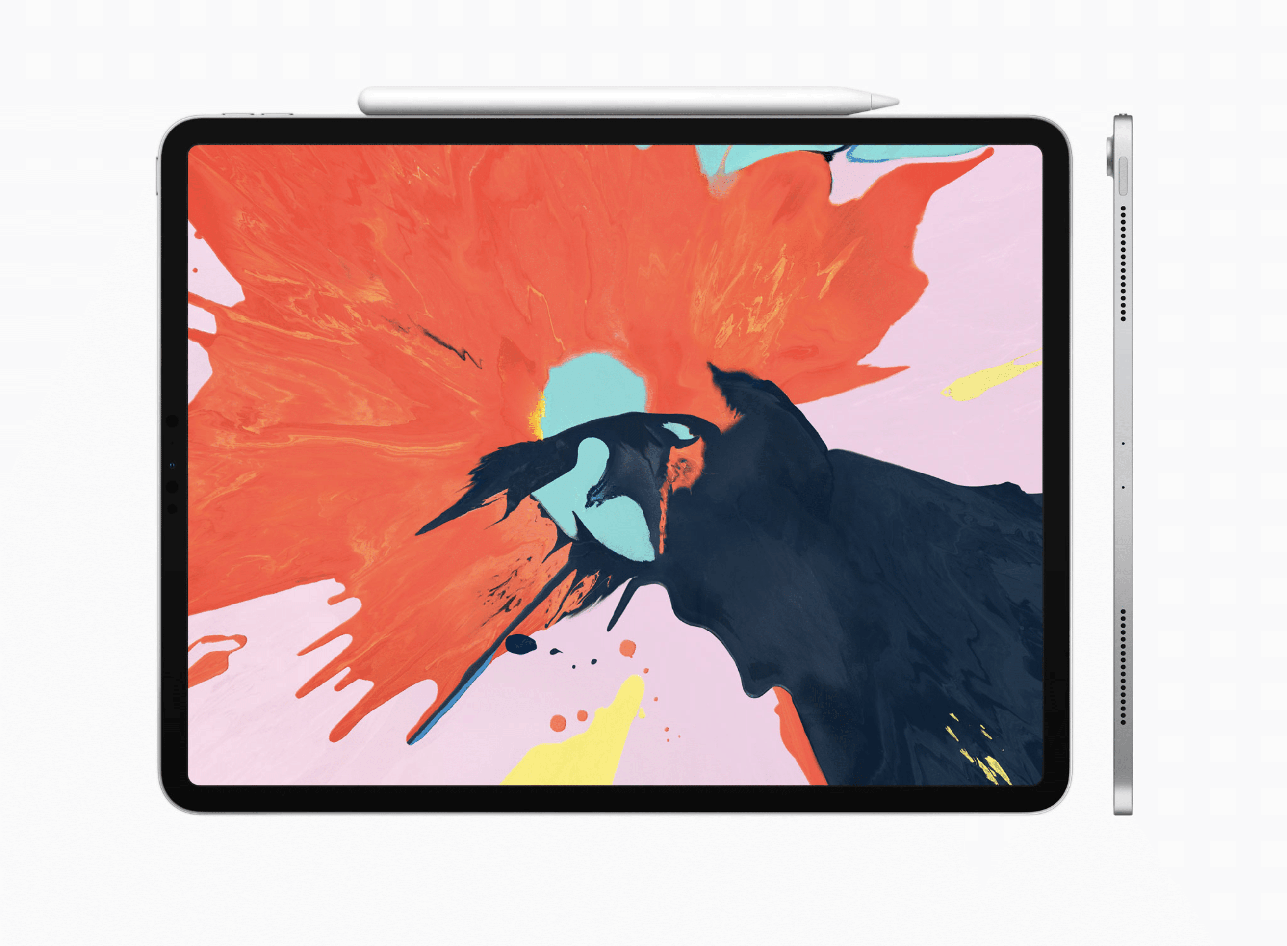 A tablet with a stylus placed on top, displaying an abstract digital painting featuring bold splashes of red, black, yellow, and light blue on a pale background. The right side view shows the thin profile of the 5G-capable iPad Pro equipped with the A14 chip.