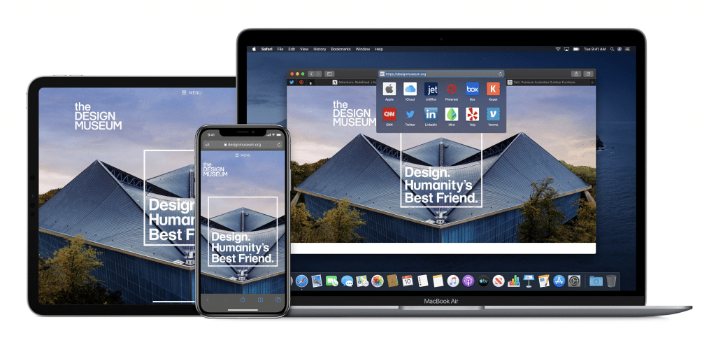 Image showing a tablet, smartphone, and laptop—all Apple devices—displaying the Design Museum's website on Safari. The screens feature an image of the museum with the text "Design. Humanity's Best Friend." displayed prominently on each device.