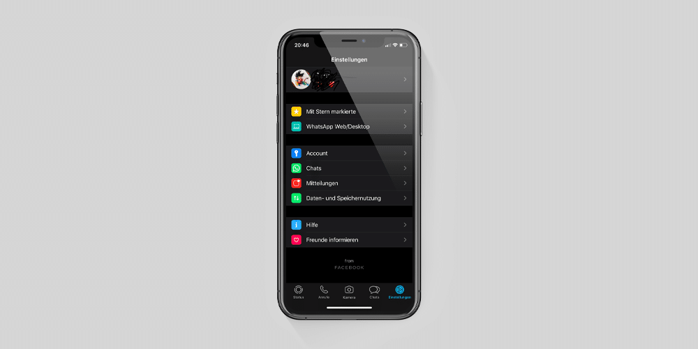 A smartphone displaying the Settings menu of a WhatsApp account on iOS in Dark Mode. The interface is in German, featuring options like Account, Chats, Notifications, and Data and Storage Usage. The device is set against a plain grey background.