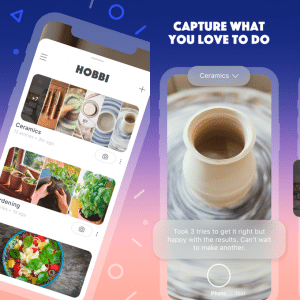 A promotional image for the "Hobbi" app. On the left, a smartphone displays the app interface with categories like "Ceramics" and "Gardening." On the right side, text reads "Capture what you love to do" and "Organize your creative process" with app screenshots. Discover why Hobbi is a Pinterest competitor!