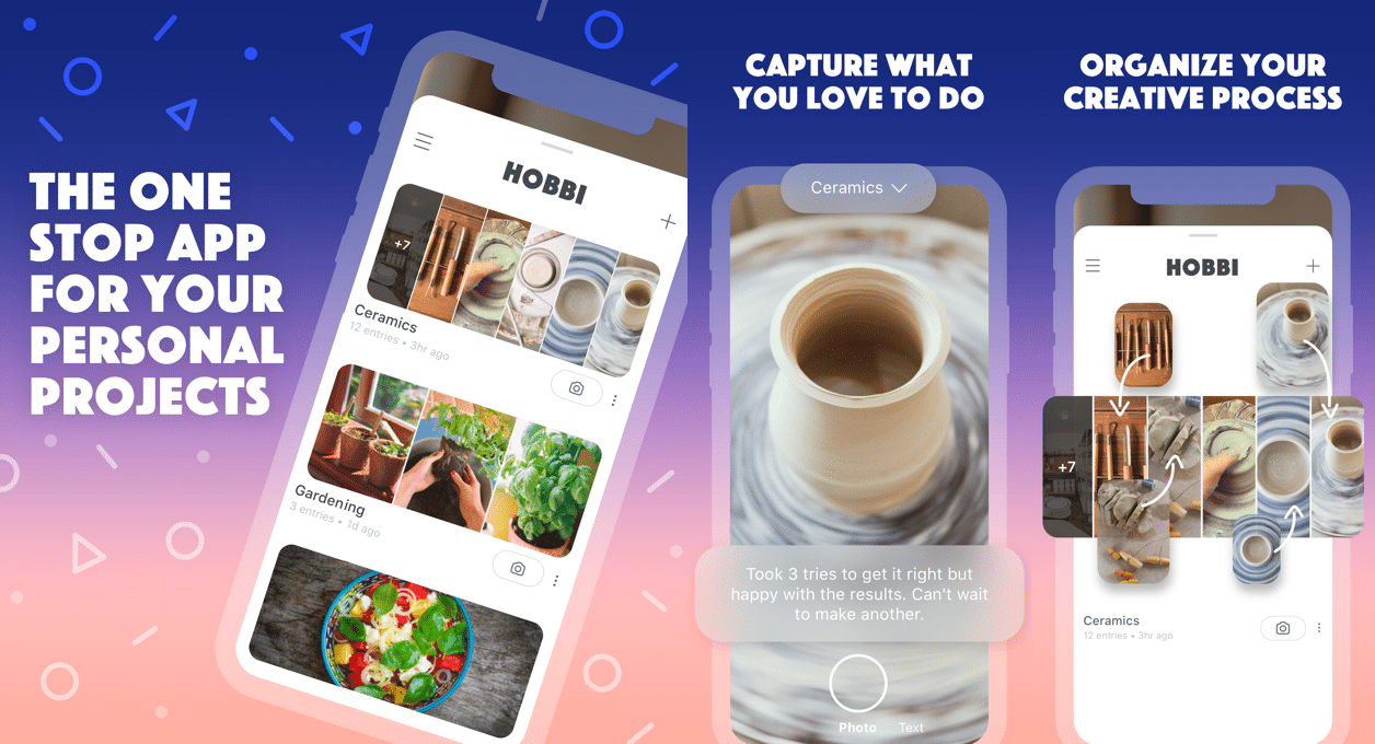 A promotional image for the "Hobbi" app. On the left, a smartphone displays the app interface with categories like "Ceramics" and "Gardening." On the right side, text reads "Capture what you love to do" and "Organize your creative process" with app screenshots. Discover why Hobbi is a Pinterest competitor!