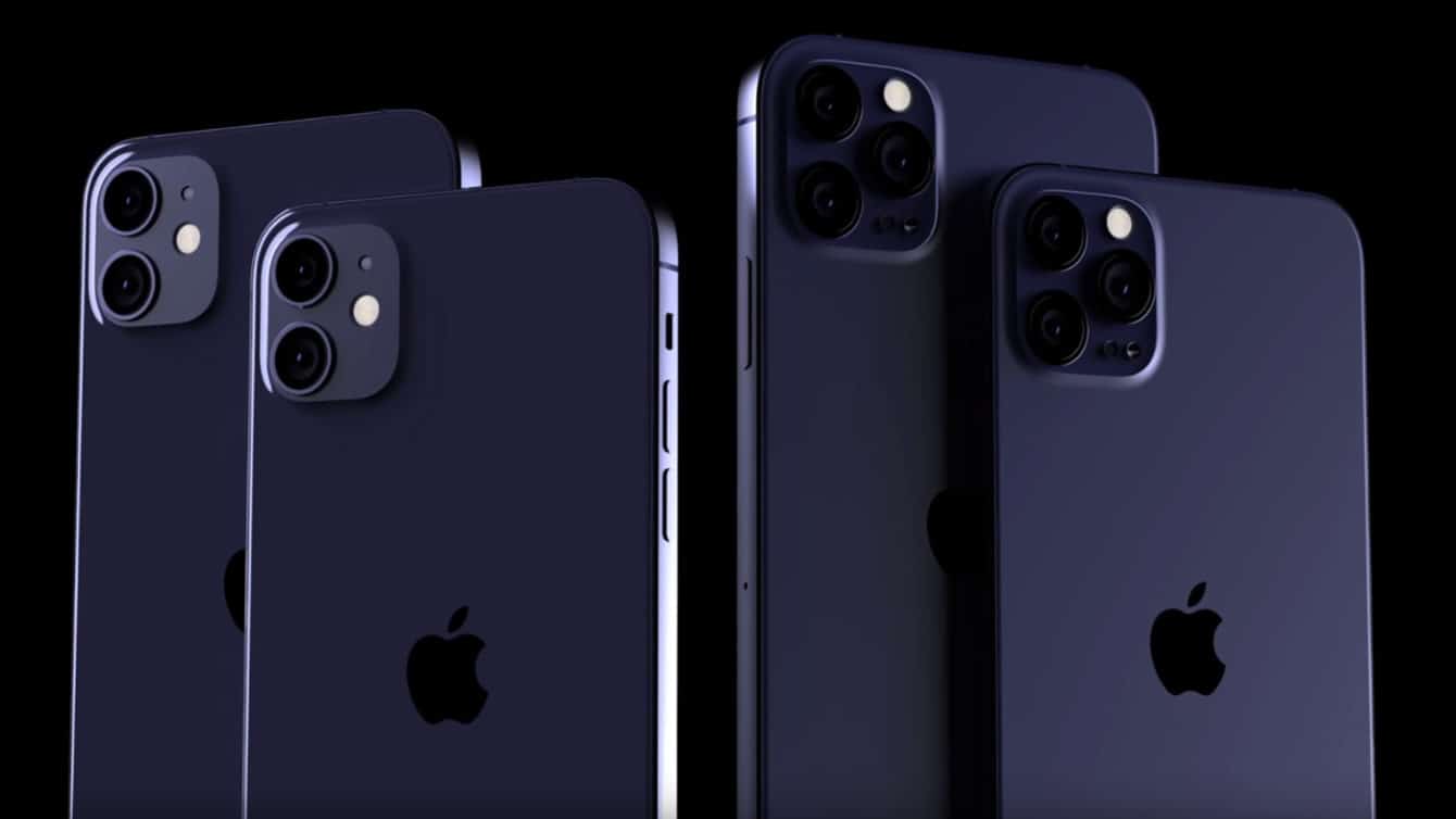 A lineup of four iPhone 12 models in dark color is displayed against a black background. Each phone features multiple rear cameras with flash and a sleek, minimalistic design showcasing the Apple logo in the center. The models vary slightly in size, camera configurations, and support for the new standard short-range WiFi.