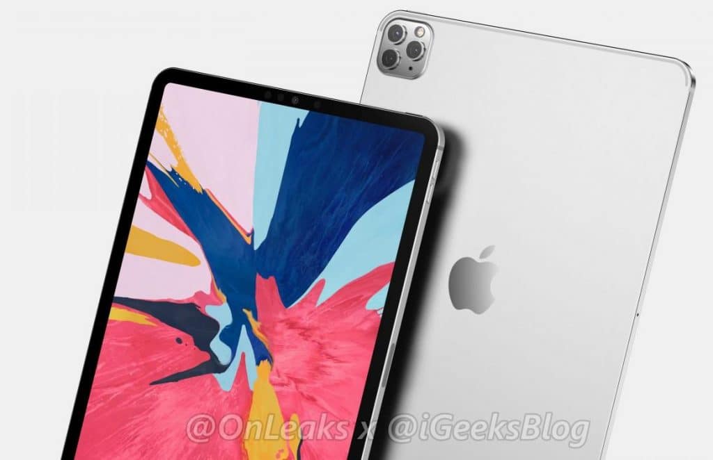 A digital render shows two Apple iPad Pro devices. One displays a colorful abstract screen and faces forward, while the other is angled to show the back, featuring a silver finish and a triple-camera setup. Text overlays at the bottom read "@OnLeaks x @iGeeksBlog". Anticipation builds for the March launch.