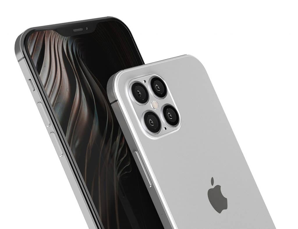 A sleek silver smartphone with a triple-lens rear camera and flash, displaying the Apple logo. The screen shows a wavy pattern design. As one of the 2020 iPhones, its sides feature volume buttons, a mute switch, and a power button, along with an integrated 5G antenna module for faster connectivity.