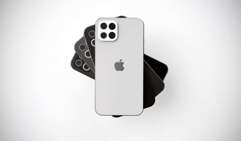 A rotating view of a white modern smartphone, likely the iPhone 12, with triple cameras on the rear, centered in the image and displaying an Apple logo. The phone rotates in front of overlapping black smartphones with similar triple camera setups. The background is white.