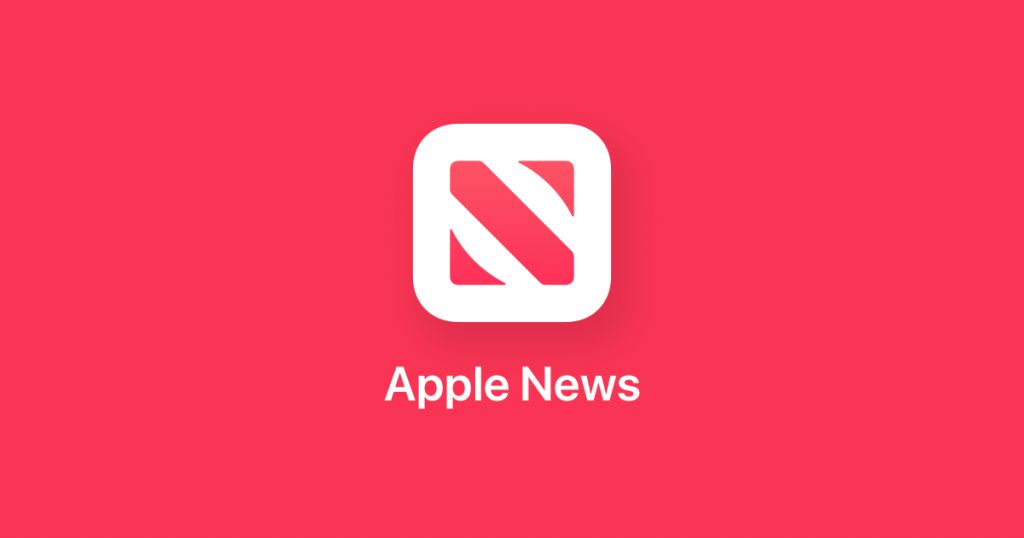 Apple News logo on a bright red background. The logo consists of a stylized white "N" within a white rounded square. The words "Apple News" are written below the logo in white text, reflecting its rising subscriber numbers amidst recent news that their head steps down.