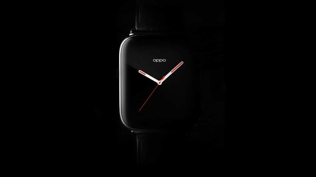 A sleek, black smartwatch with a rectangular face, displaying the current time with white hour and minute hands and a red second hand. The brand name "Oppo" is visible at the top of the watch face. With its dark strap and elegant design, this Oppo smartwatch stands as a strong Apple Watch competitor.