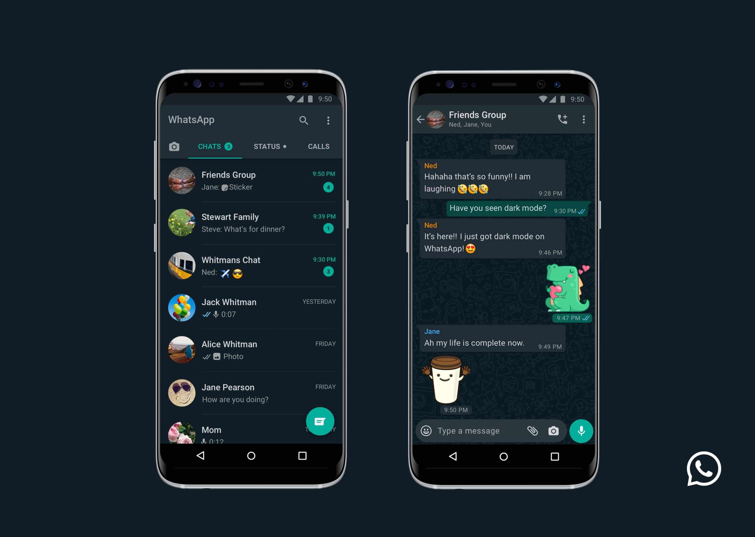 Two smartphones displaying WhatsApp in dark mode on iOS. The left screen shows the chat list with various contacts and groups. The right screen displays an open group chat named "Friends Group" with conversations and stickers discussing enabling dark mode.