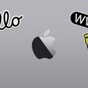 A grey background with three stickers: on the left, a sticker saying "hello" in cursive; in the center, a shiny silver Apple logo; and on the right, a sticker with "WWDC 2020" written in bold with "WWDC" in black and "2020" in green and tan colors, reflecting the virtual event organized by Apple during the coronavirus outbreak.