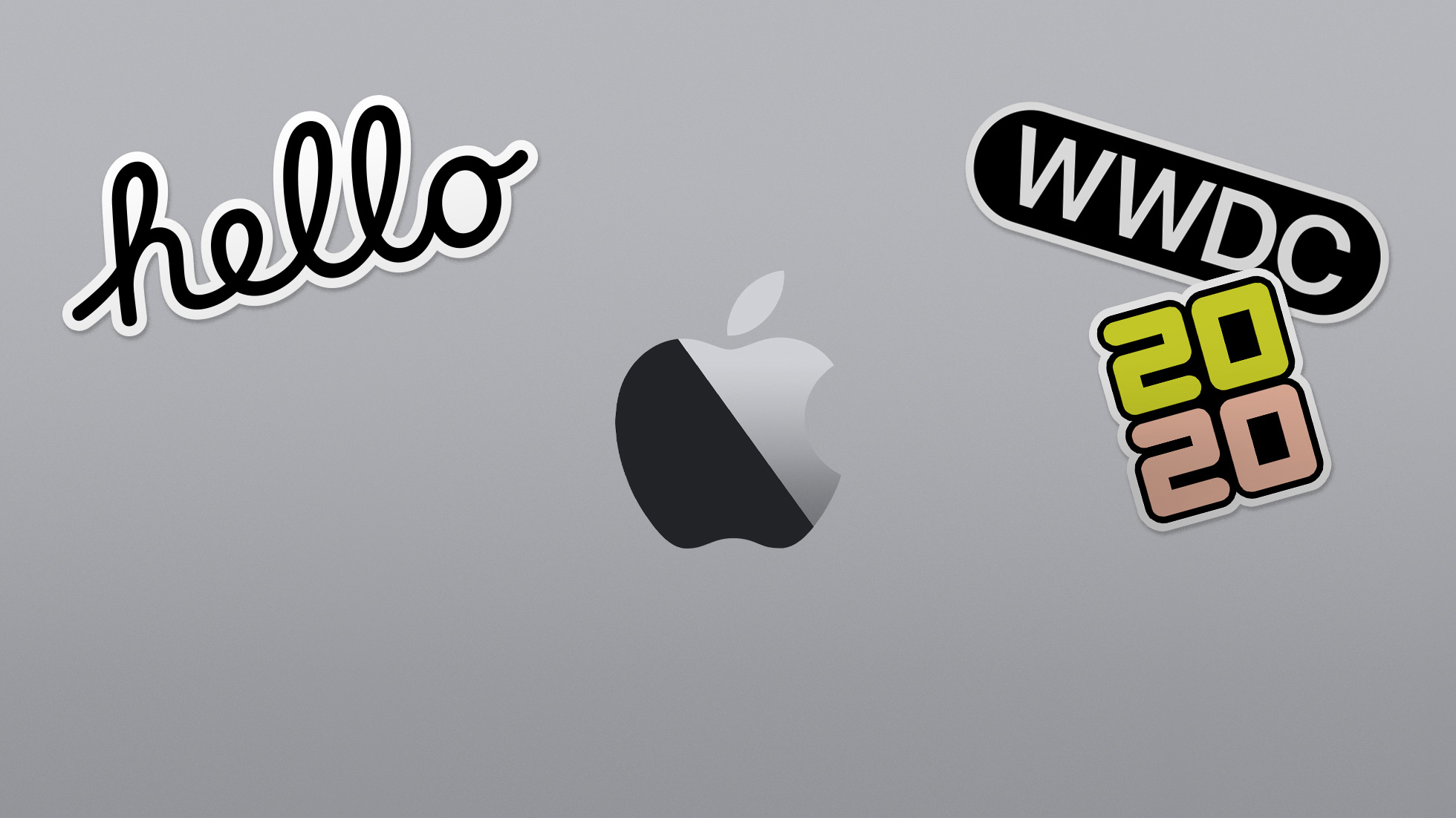 A grey background with three stickers: on the left, a sticker saying "hello" in cursive; in the center, a shiny silver Apple logo; and on the right, a sticker with "WWDC 2020" written in bold with "WWDC" in black and "2020" in green and tan colors, reflecting the virtual event organized by Apple during the coronavirus outbreak.