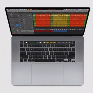 A top view of a silver MacBook Pro laptop with a Logic Pro music production interface open on the screen. The interface displays multiple audio tracks in different colors. Like many Macs, the laptop features a keyboard with a Touch Bar above it and a large trackpad.