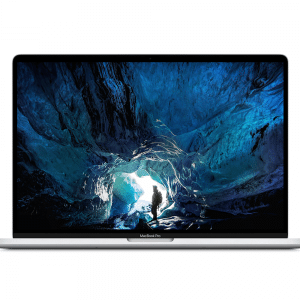 A silver MacBook Pro with a black keyboard and a glowing screen showing an image of a person standing in a blue ice cave. The person is silhouetted against the light from the cave entrance. This ARM Mac by Apple features the text on the lower bezel, highlighting its impressive launch.