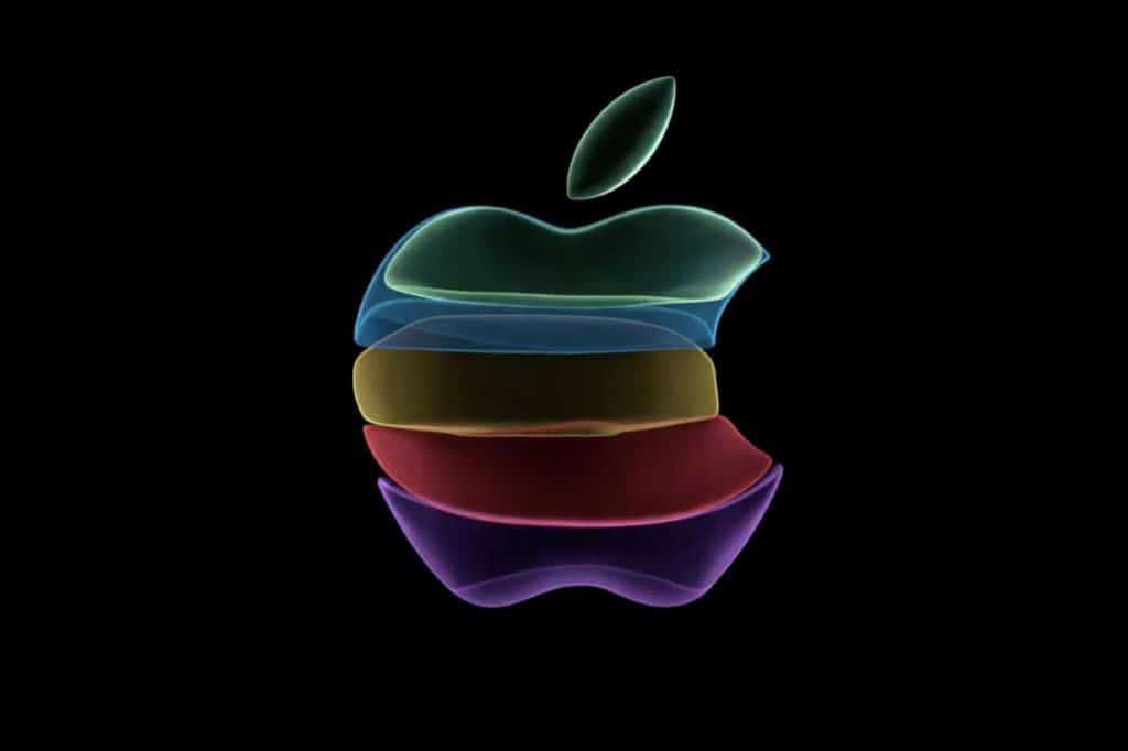 A dark image features the iconic Apple logo, rendered in semi-transparent, overlapping colorful layers. The layers form a spectrum, starting with blue at the top, transitioning to green, yellow, red, and ending with purple at the bottom.