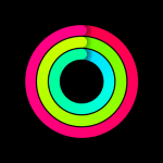 A black background features three concentric neon rings: a pink outer ring, a green middle ring, and a blue inner ring. Each incomplete ring has gaps that create an illusion of depth, reminiscent of the Apple Watch rings you strive to close every day.