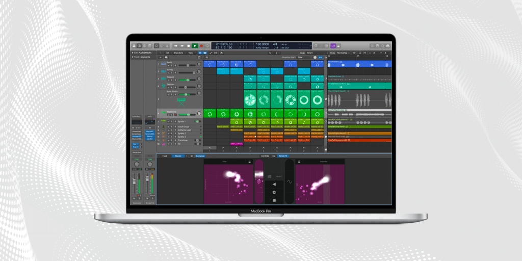 A MacBook Pro laptop displaying the new version of Apple's Logic digital audio workstation software, with multiple tracks, loops, and audio effects. The screen shows a mixture of colorful audio waveforms, control panels, and sound visualizations against a grey abstract background.