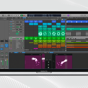 A MacBook Pro laptop displaying the new version of Apple's Logic digital audio workstation software, with multiple tracks, loops, and audio effects. The screen shows a mixture of colorful audio waveforms, control panels, and sound visualizations against a grey abstract background.