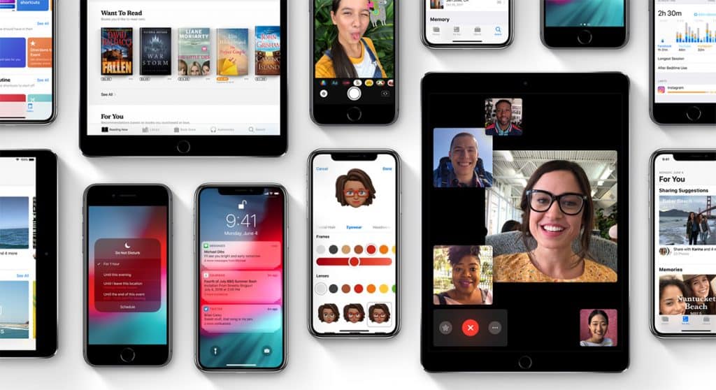 A variety of Apple devices, including iPhones, iPads, and Apple Watches, display different features and apps such as video calls, animations, notifications, and health tracking. The devices are arranged on a white background, showcasing various functionalities perfect for students with learning disabilities.