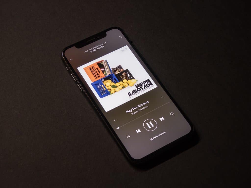 A smartphone running iOS 14 lies on a dark surface, displaying Spotify with the song "Pay For The Silence" by Hippie Sabotage. The album cover shows crates filled with fruits, including apples. Music controls are visible at the bottom of the screen.