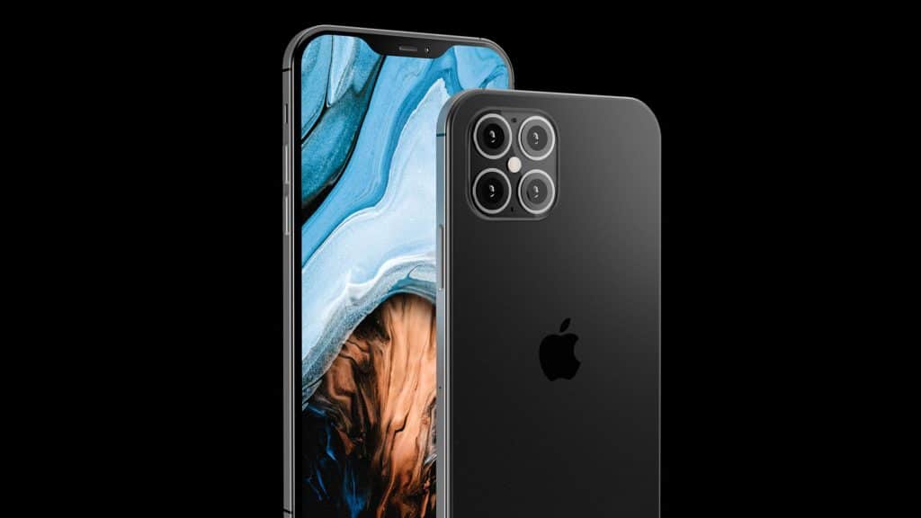 The image shows two 2020 iPhones against a black background. The front view displays a screen with a blue and brown abstract design. The back view highlights the sleek black finish and a camera module with four lenses and a flash. The iconic Apple logo is centered on the back.