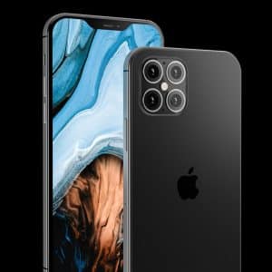 The image shows two 2020 iPhones against a black background. The front view displays a screen with a blue and brown abstract design. The back view highlights the sleek black finish and a camera module with four lenses and a flash. The iconic Apple logo is centered on the back.