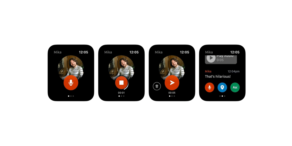 A sequence of four Apple Watch app screens shows voice message recording. First screen: red microphone icon. Second screen: red square indicates recording. Third screen: red play button with a waveform above. Fourth screen: text message reading "That's hilarious!" and a keyboard icon.