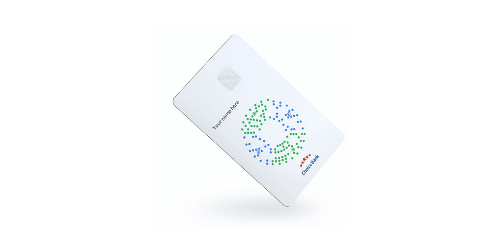 A white credit card from "CryptoBank" is shown diagonally against a white background. The branded card features a colorful circular pattern of small blue and green dots in the center. The card has a silver chip and text indicating "Your Name here.