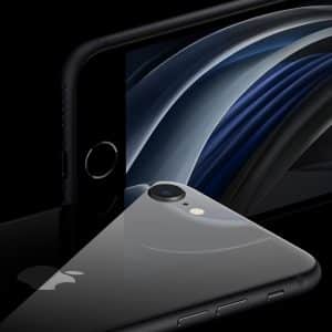 A close-up view of an iPhone SE, showcasing its front and back. The front screen displays a wavy abstract design. The back shows the camera, flash, and Apple logo with a glossy finish. Priced starting at $399, the device is seen from an angle highlighting its sleek, black design.