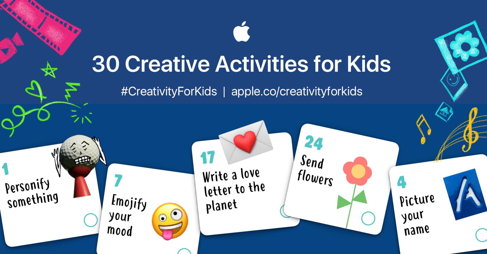 Promotional image titled "30 Creative Activities for Kids" with a link to apple.co/creativityforkids, featuring four activity cards: "1 Personify something," "7 Emojify your mood," "17 Write a love letter to the planet," and "24 Send flowers." This Apple educational resource is perfect for engaging kids during COVID-19.