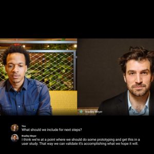 Screenshot of a virtual meeting on Google Meet with two participants, Jeff Sheldon and Bradley Meyer, displayed on the main screen. The chat window shows a user asking about the next steps, and Bradley Meyer responds about prototyping and validating through a user study.