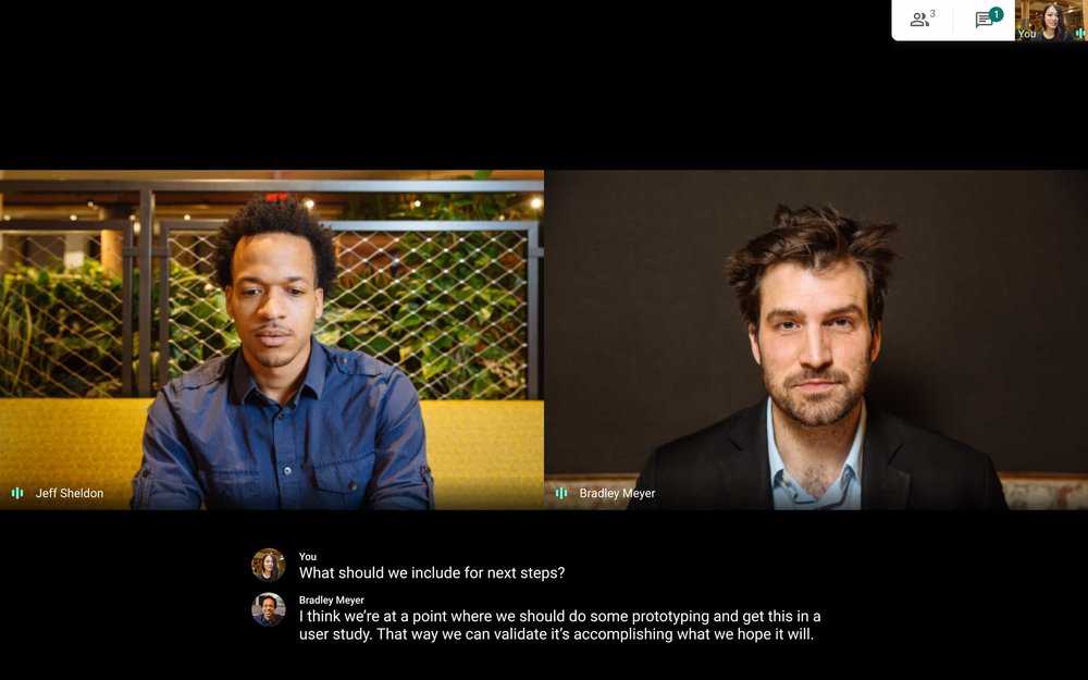 Screenshot of a virtual meeting on Google Meet with two participants, Jeff Sheldon and Bradley Meyer, displayed on the main screen. The chat window shows a user asking about the next steps, and Bradley Meyer responds about prototyping and validating through a user study.