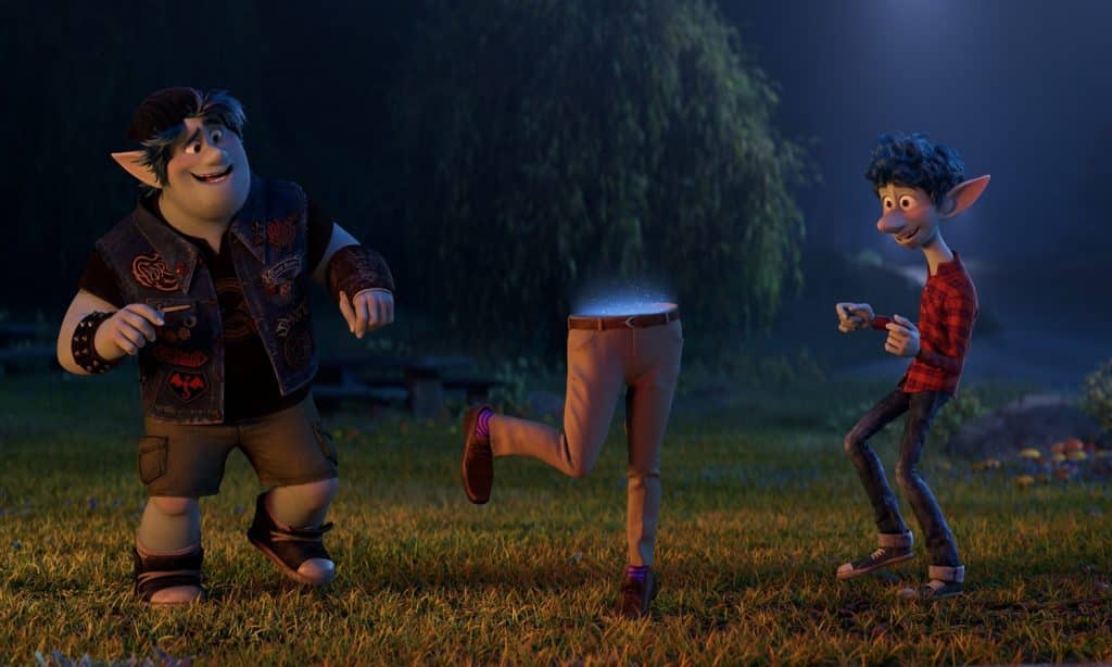 Two animated characters stand outside at night near a pair of pants standing upright without a torso. The character on the left is smiling broadly and gesturing with his arms, as if celebrating Disney+ reaching 50 million subscribers. The character on the right, in a red flannel shirt, appears surprised by both events.