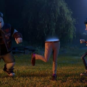 Two animated characters stand outside at night near a pair of pants standing upright without a torso. The character on the left is smiling broadly and gesturing with his arms, as if celebrating Disney+ reaching 50 million subscribers. The character on the right, in a red flannel shirt, appears surprised by both events.